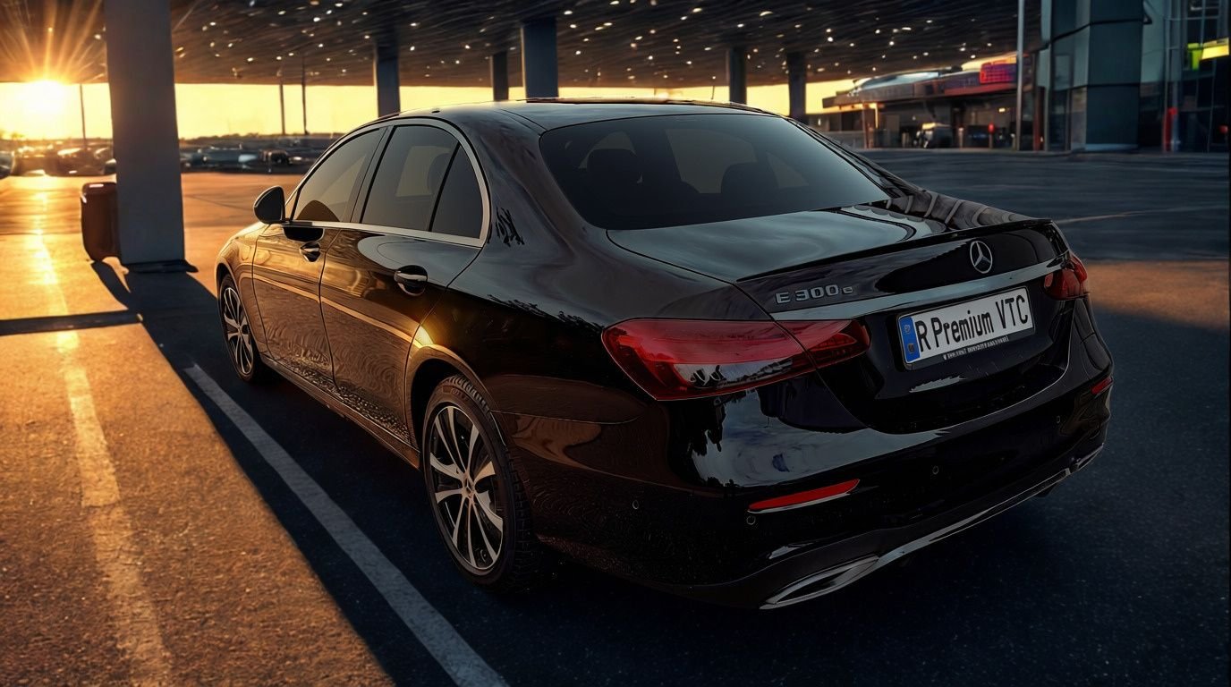Mercedes Classe E de R PREMIUM VTC devant un aéroport au coucher du soleil