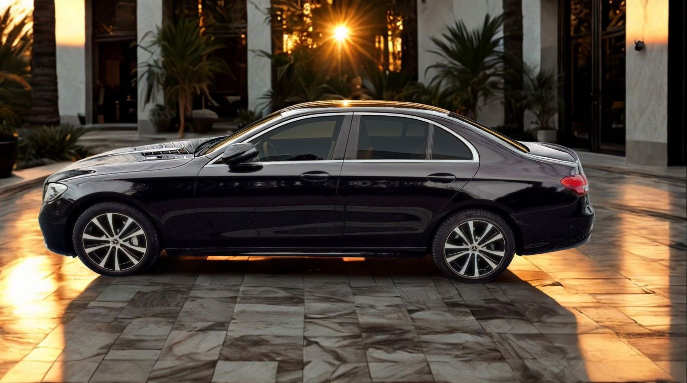 Mercedes E-Class 300e in profile at sunset